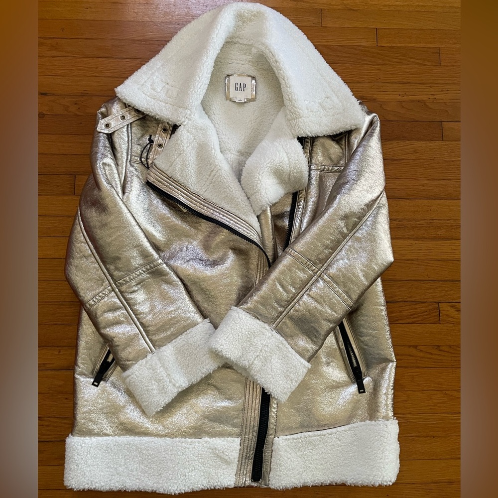 Metallic Gold Shearling Aviator Jacket